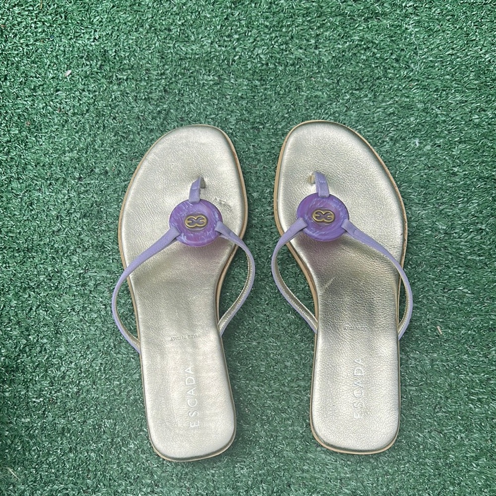 Escada Gold and Purple Sandals with Floral Accents Size 8 US/ 38 EU - Picture 5 of 9